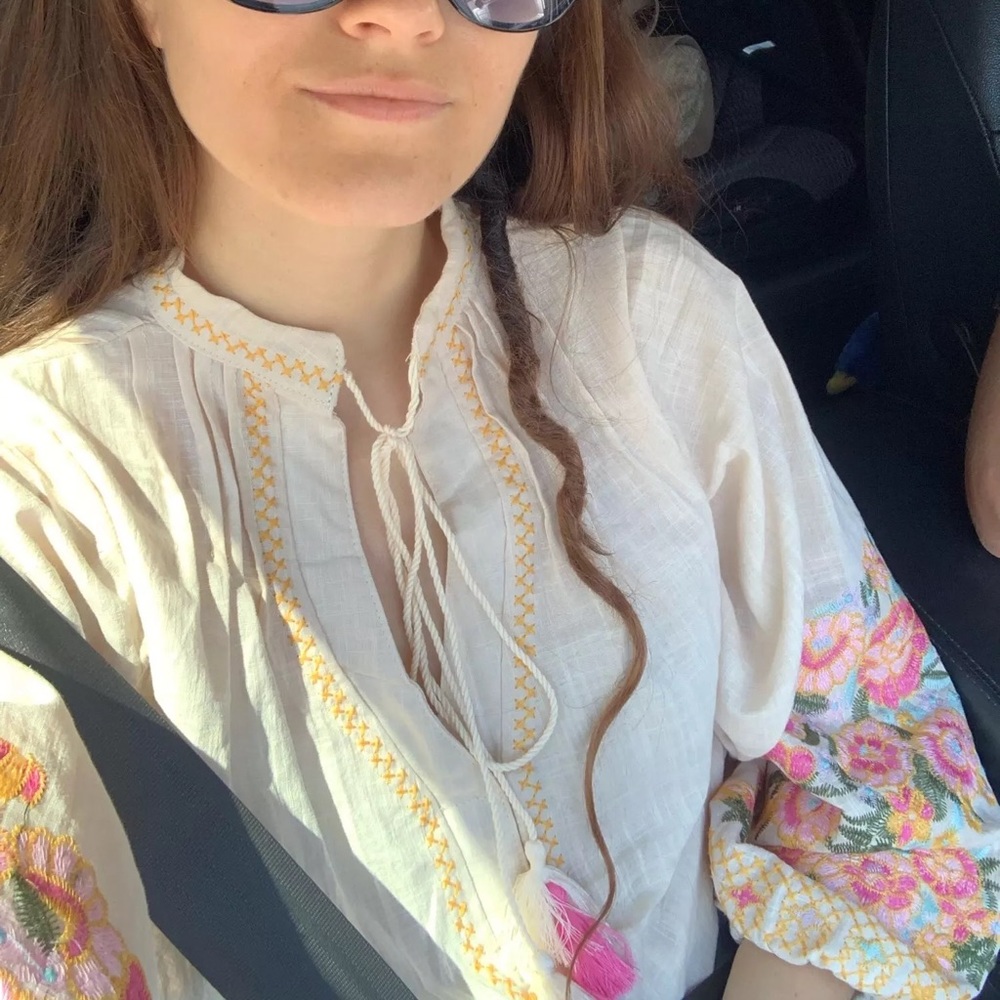 Bohemian blouse floral embroidery top linen cotton tassel cream lantern sleeve - Picture 5 of 7